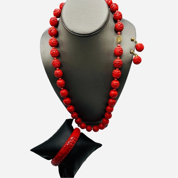 Vintage Chinese Export Genuine Cinnabar Bead Necklace Bracelet Earrings … - Picture 1 of 11